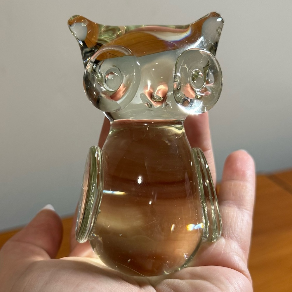 Vintage Clear Glass‎ Art Owl Bird Paperweight MCM Figurine Trinket